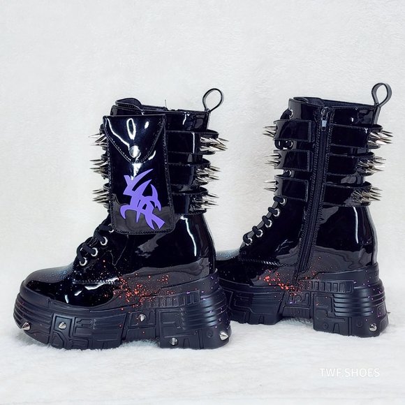 Anthony Wang Blackest Night Patent Spatter Cyber Punk Goth Platform Boots - Picture 5 of 9
